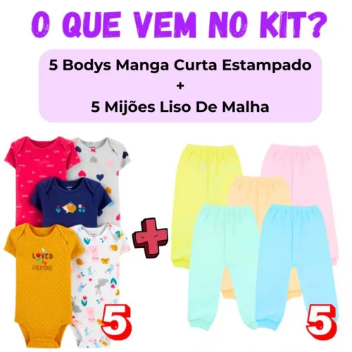 🛍️Kit 10 Peças Roupinha de Bebê Body Curto Estampado e Mijão Infantil