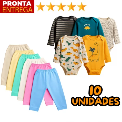 > Kit 10 Peças Roupinha de Bebê Body Manga Longa Estampado e Mijão Infantil