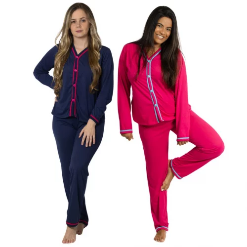 KIT 2 Conjuntos de Pijama Longo de Botão Americano -Amamentação Pós Parto Confortável