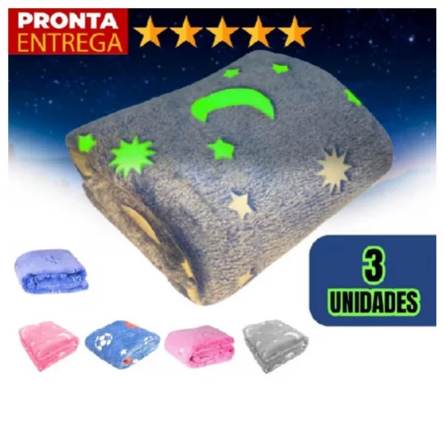 Kit 3 Unidades Manta Brilha No Escuro Para Bebê Infantil Inverno Estampada 100cm x 80cm