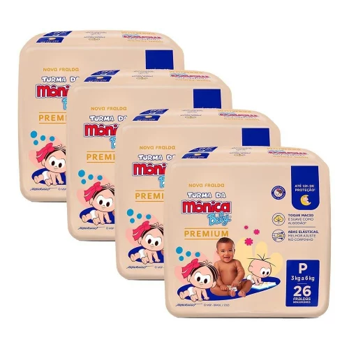 Kit 4 Fralda Turma da Mônica Baby Premium Jumbo P com 26un cada
