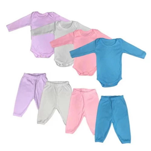 kit 4 peças body e mijão para bebe infantil menina e menino canelado