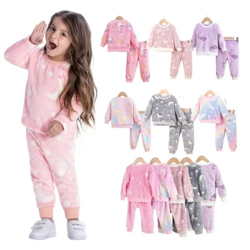 Kit 4 peças Conjunto Fleece Inverno Infantil Estampado Menina 1 ao 14