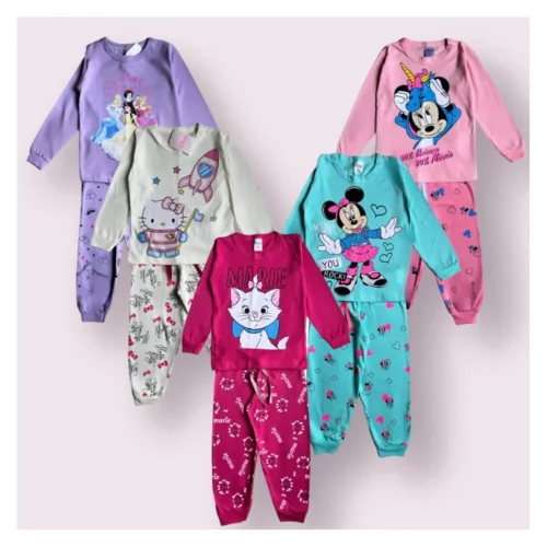 KIT 4 peças Pijama infantil MENINA inverno comprido manga longa 2 calças e 2 blusas feminino algodão