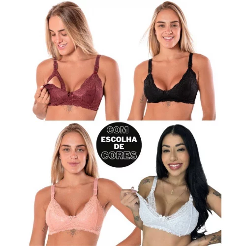KIT 4 Sutiã de Amamentação Renda Reforçado Gestante Pós Parto