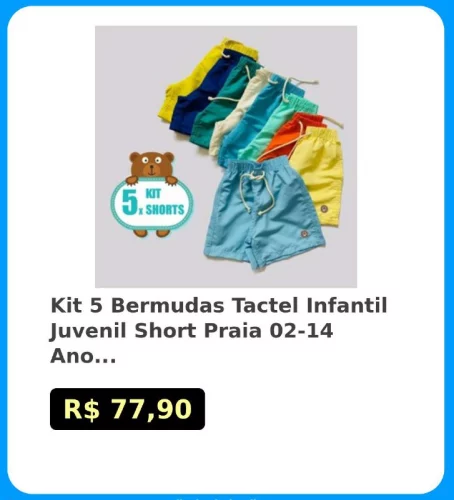 🛍Kit 5 Bermudas Tactel Infantil Juvenil Short Praia 02-14 Anos