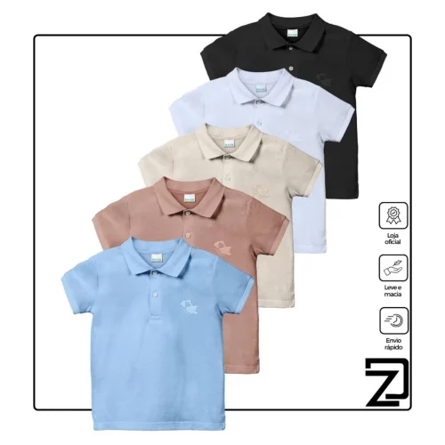 KIT 5 Camisa Básica Polo Infantil Manga Curta