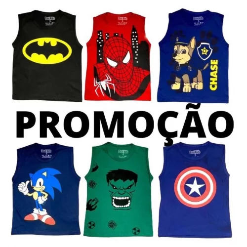 Kit 5 Camiseta Infantil Regata Diversas Estampas 02 ao 08