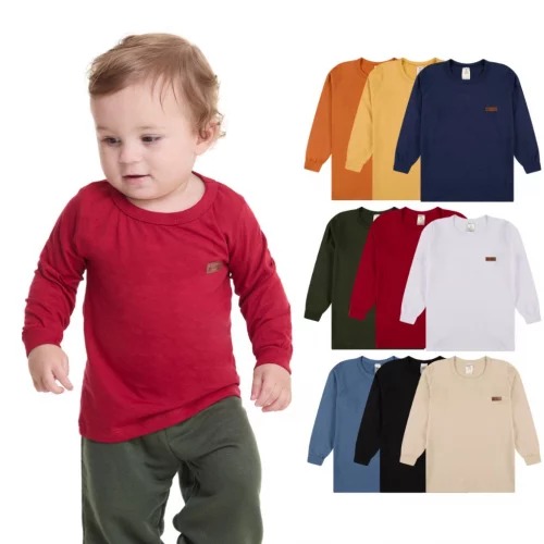 🔥Kit 5 Camisetas Manga Longa Infantil Bebê Menino Básica Lisa Tamanho 2 ao 10