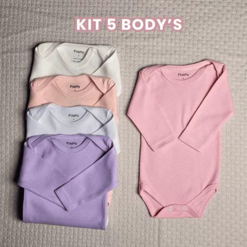 Kit 5 Peças Body Bebê Menina Liso Manga Longa Flaphy