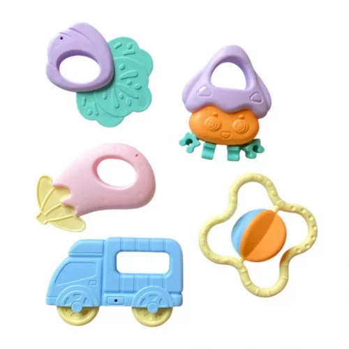 Kit 5 Peças Chocalho E Mordedor Educacional Infantil Bebê Brinquedo