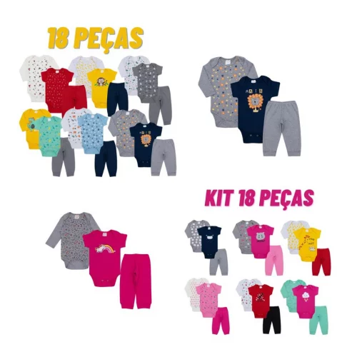 Kit body Bebê 18 peças, Manga Longa, Manga Curta e Calça Roupas de Bebê