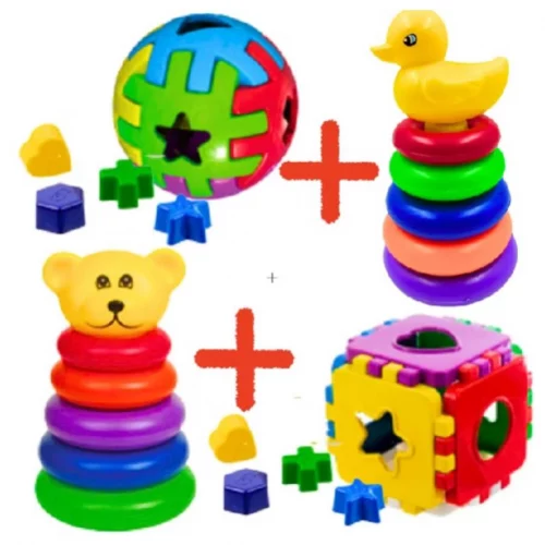 Kit  Brinquedos Educativos  Ursinho +  Pato + Bola Didatica +Cubo Didático com Peças para Encaixar
