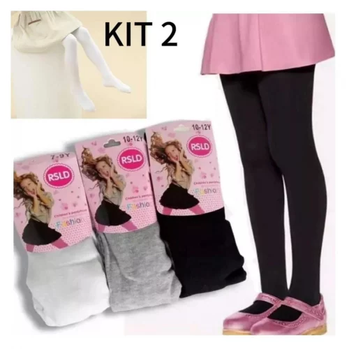 Kit com 2 Meia calça infantil Frio Inverno Para Bebê Menina cor Branca/Preto