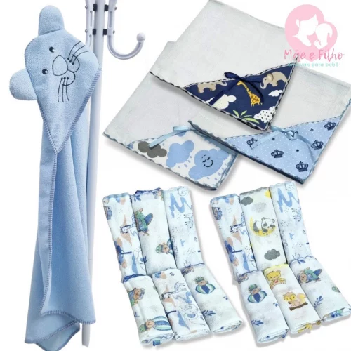 Kit Enxoval Bebê 15 Peças Toalha de Banho Bebê Bordada + 11 Fraldinhas + 3 Manta Fralda 100% Algodão