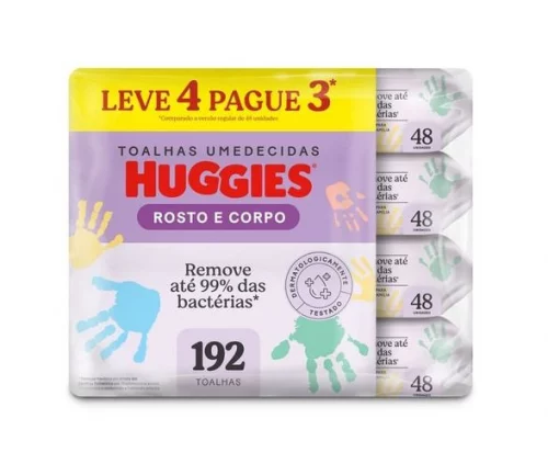 Kit Lenço Umedecido Infantil Huggies Rosto e Corpo 4 Pacotes Com 48 Unidades