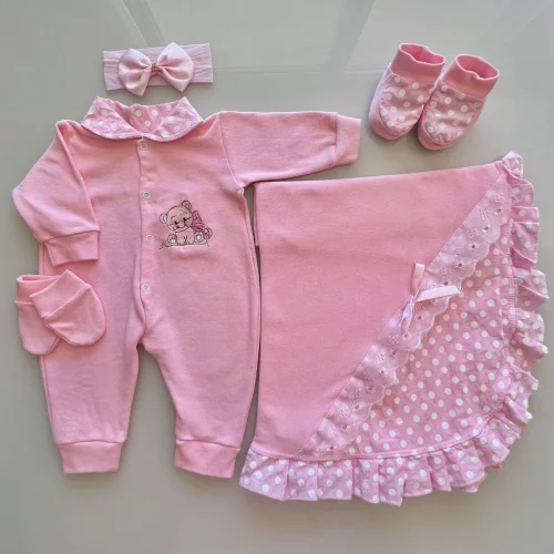 > Kit Saida de Maternidade Para Menina Vermelho Rosa Com Laço 5 Pçs Algodão Envio Imediato
