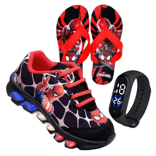 Kit tenis de LED Homem Aranha masculino mais chinelo mais relogio