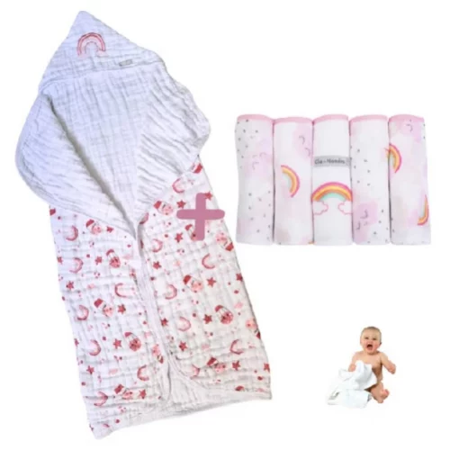 Kit Toalha Banho Bebe tripla camada 5 Fraldas Ombro c/ Bainha tecido Duplo Bordado 100% algodão Macio grande