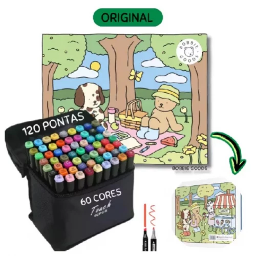 Livro de Colorir Bobbie Goods + Kit 48 Canetinhas Dupla - 20 Desenhos, Capa Mole, A5, Pronta Entrega
