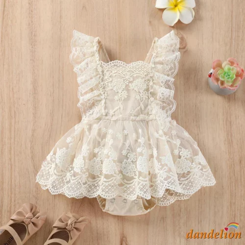 Macacão de Verão para Bebê Menina 0-24 meses, com Saia de Renda Floral Lisa Bordada em Camadas e Alças Ajustáveis
