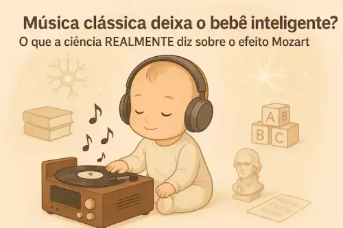 Ilustração digital em tons suaves mostrando um bebê com fones de ouvido ouvindo música clássica em um toca-discos. Ao redor, há notas musicais, livros, blocos com letras, uma miniatura de Mozart e imagens estilizadas de neurônios. O texto na imagem pergunta: "Música clássica deixa o bebê inteligente? O que a ciência REALMENTE diz sobre o efeito Mozart".