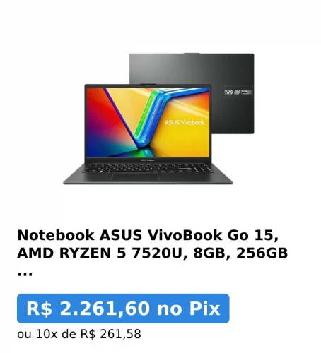 Notebook ASUS VivoBook Go 15, AMD RYZEN 5 7520U, 8GB, 256GB SSD, KeepOS, Tela 15,6" FHD, Mixed Black - E1504FA-NJ731