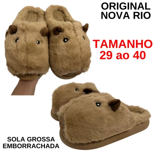 Pantufa Inverno Infantil Capivara Sola Antiderrapante Marrom Menino Menina Chinelo de Quarto Tamanho 29 ao 40