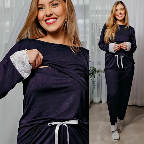 > Pijama Amamentação Soft Fluffy Azul Marinho Com Renda Branca