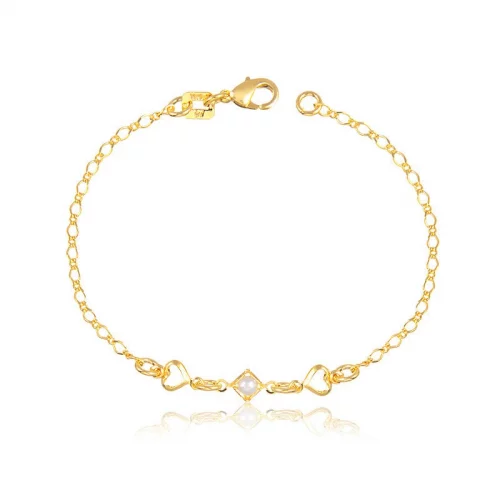 > Pulseira Banho de Ouro 18K Infantil Elos Corações Vazados com Losango e Detalhe em Pérola (15cm + 3cm)