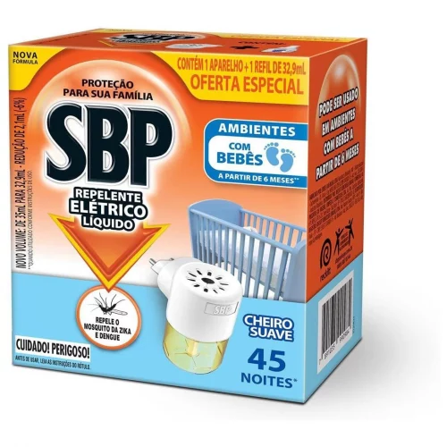 Repelente Elétrico Líquido SBP 45 Noites Cheiro Suave Novo Aparelho + Refil
