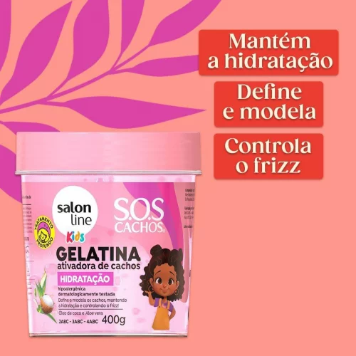 Salon Line, SOS Cachos, Gelatina Capilar Ativadora de Cachos, Kids Hidratação, Vegano - Para Cabelos Cacheados, 400 g