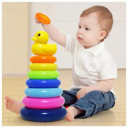 Torre de Argolas Brinquedo Educativo Empilhar Patinho Bebê Rainbow Torre 0-6 Anos