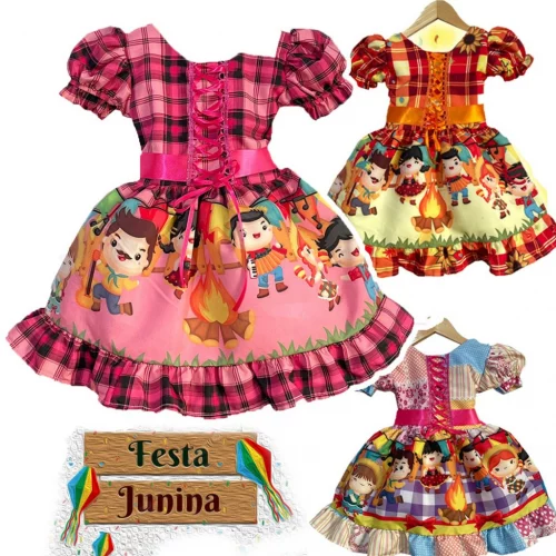 > Vestido Infantil de Festa Junina Festa São João e Quadrilha Com Filó de Armação
