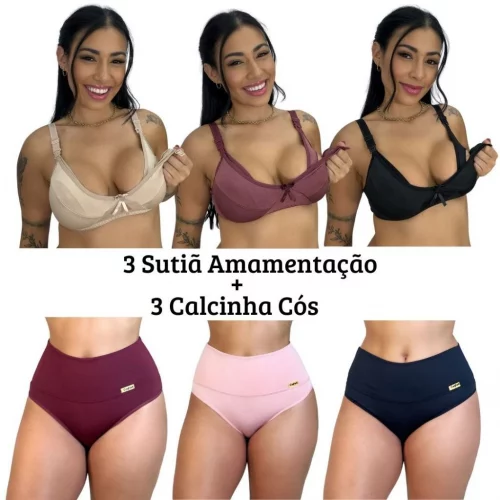 3 Calcinha Compressão + 3 Sutiã Amamentação