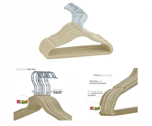 50 Cabides De Veludo Infantil Bege Ultrafino Slim