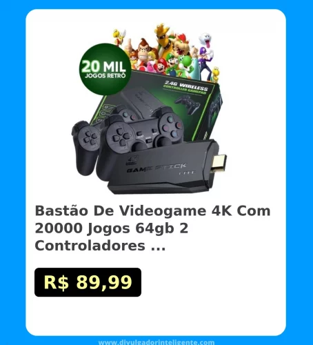 🛍Bastão De Videogame 4K Com 20000 Jogos 64gb 2 Controladores Sem Fio Console Portátil Retrô