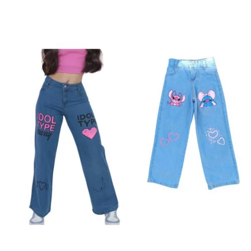 Calça wide leg jeans estampado infantil juvenil menina varias estampas 8 ao 16