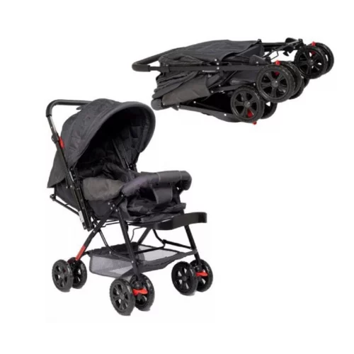 Carrinho de Bebê Berço 2 em 1 Rover Prime Baby com Alça Reversível Encosto Reclinável Cinto 5 Pontos Capota com Visor Até 15kg (Cinza)