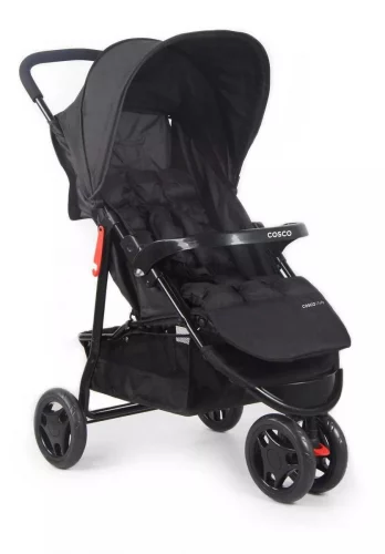 Carrinho De Bebê Toffy Preto Absoluto, 3 Rodas, Leve, Prático, Moderno E Confortável Com Assento Ajustável, Capota Com Visor, Cinto De 5 Pontos E Cesto De 5kg - Cosco Kids