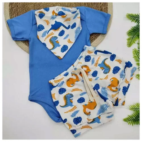 Conjunto Bebe Verão Menino Short, Body E Babador Bandana Recém Nascido