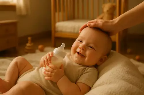 Bebê saudável e feliz deitado em uma manta, com foco suave em seus ossos do braço e da perna, representando a saúde óssea. Imagem representa a prevenção da deficiência de cálcio em bebês.
