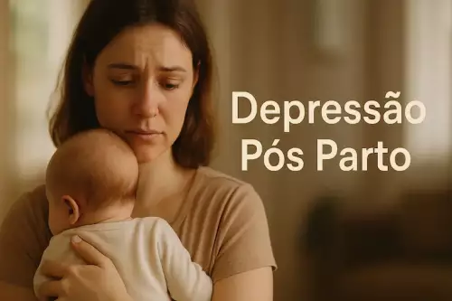 Imagem de uma mãe segurando seu bebê, com uma expressão de tristeza suave. O fundo está desfocado, e o texto "Depressão Pós Parto" aparece sutilmente na imagem. A imagem transmite uma sensação de aconchego e delicadeza, mas também de sofrimento silencioso.