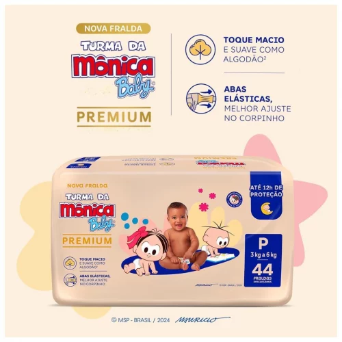 Fralda Turma da Mônica Baby Premium Jumbo P com 44 unidades
