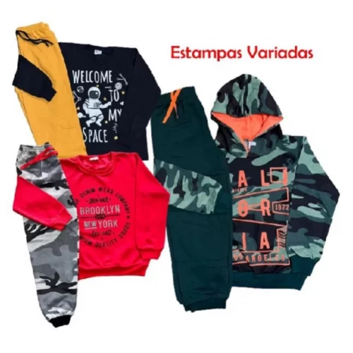 KIT  03  Conjuntos de moletom infantil masculino 6 peças = 3 moletons(1 C/Capuz e 2 S/Capuz)  + 3 calças