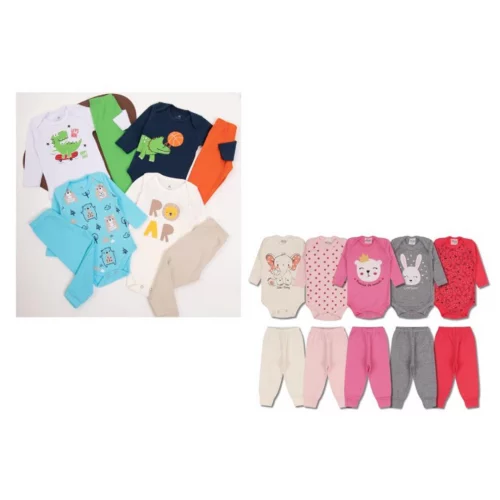 Kit 10 Peças de Roupas para Bebê 5 body+5 calças/mijão (5 Conjuntos)