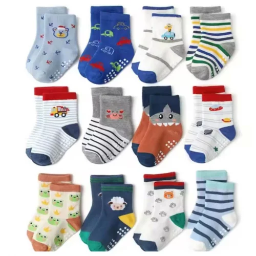 Kit 12 Pares de Meias Menino Bebê Recém Nascidos Com Antiderrapante Estampadas