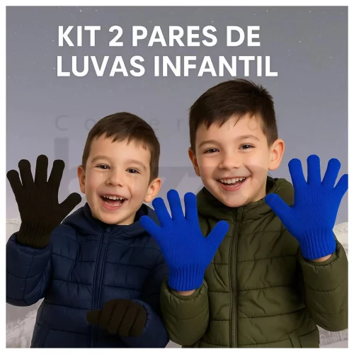 Kit 2 Pares de Luvas Infantil Inverno Menino Menina Térmica Quente Macia Elástica Confortável 3 a 9 Anos