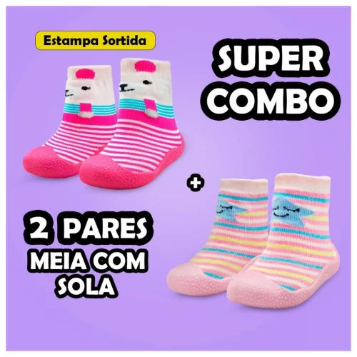 Kit 2 Pares Meia com Sola Bebê Emborrachada Lolikids Personagens Sortida Antiderrapante