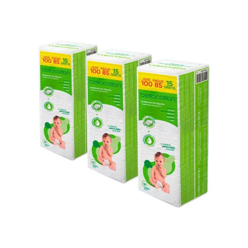 Kit 3 Algodão Quadrado Baby Sem Fragrância 300 Unidades Bellacotton